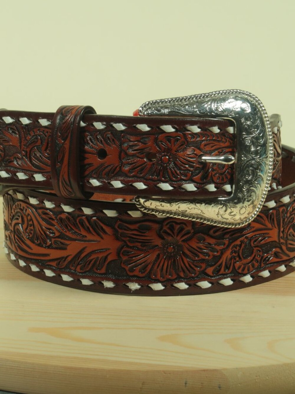 Nocona Tooled Leather Belt Mens 40 Brown Woven Floral Wide Western